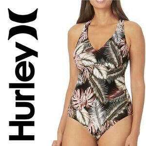 Hurley Palm Print Criss Cross Back one piece swimsuit